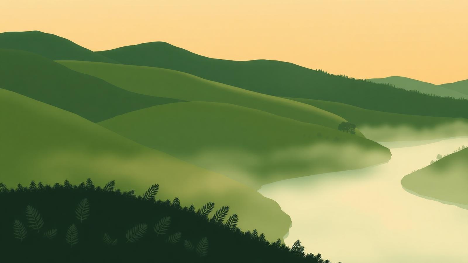 Misty green hills and a river at dawn